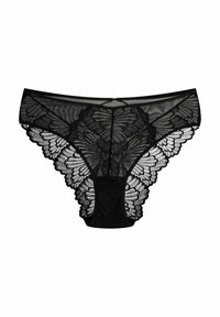 Schwarze Spitzenunterwäsche mit aufwendigem Blumenmuster, bestehend aus transparentem Mesh und festem Stoff. Akzentuiert mit einem kleinen goldenen Ringdetail hinten.