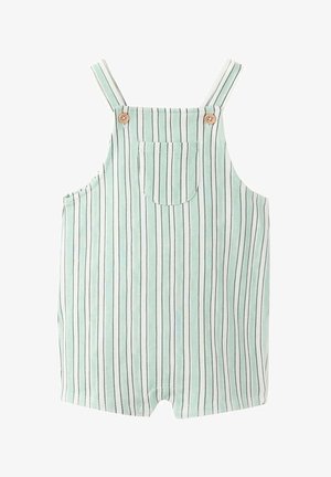 Tutina per neonati verde chiaro con righe verticali nere e bianche, tasca frontale, spalline e dettagli con bottoni in legno.