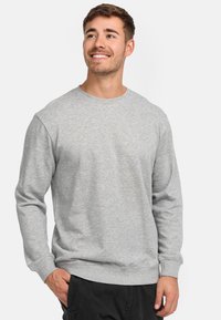 Sudadera gris claro con cuello redondo, mangas largas y puños de canalé. Presenta un pequeño logo en el pecho y está confeccionada con suave tela de algodón.