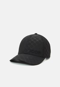 Black baseball cap made of textured fabric, featuring a subtle pattern, curved brim, and embroidered logo on the front.