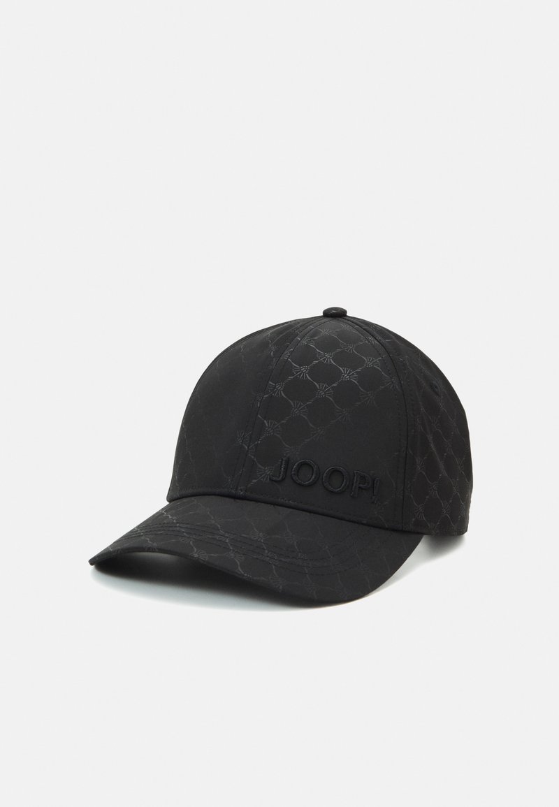 Black baseball cap made of textured fabric, featuring a subtle pattern, curved brim, and embroidered logo on the front.