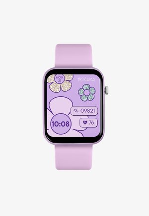 Paarse smartwatch met een bloemthema op het display, toont de tijd 10:08, datum maandag 21, 9.821 stappen en hartslag 76 bpm.