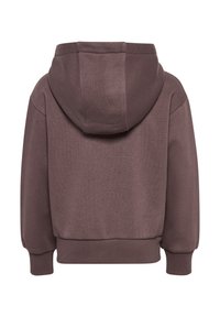 Brun huvtröja med ribbade mudd och nederkant, med en slät yta och en klassisk avslappnad design. Bakifrån syns inga ytterligare detaljer.