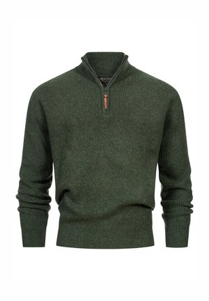 Maglione a maniche lunghe a coste di un verde scuro, con colletto a mezza zip e tirante in brown.