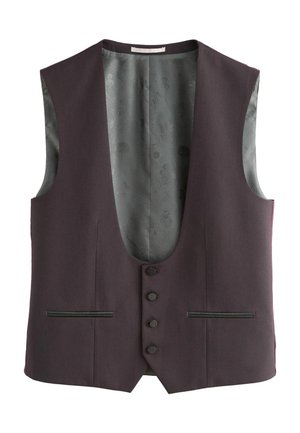 Tumevioletne meeste vest, millel on neli nuppu, kaks esist väljatõmbe taskut ning hall lillemustriga vooder.