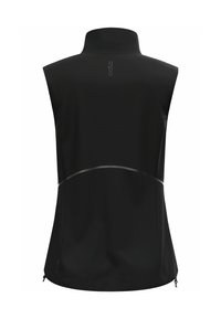 Schwarze ärmellose Jacke mit hohem Kragen, geschwungenen Nähten und reflektierenden Akzenten. Verfügt über strukturierte Einsätze und seitliche Reißverschlüsse.