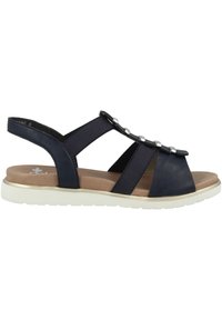 Navy blue sandals with elastic straps and silver accents, featuring a textured footbed and a white rubber sole for comfort.