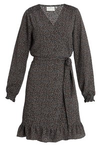 Robe cache-cœur en tissu léger avec un motif léopard, dotée d'un décolleté en V, de manches longues et d'un ourlet à volants. Deux liens à la taille.