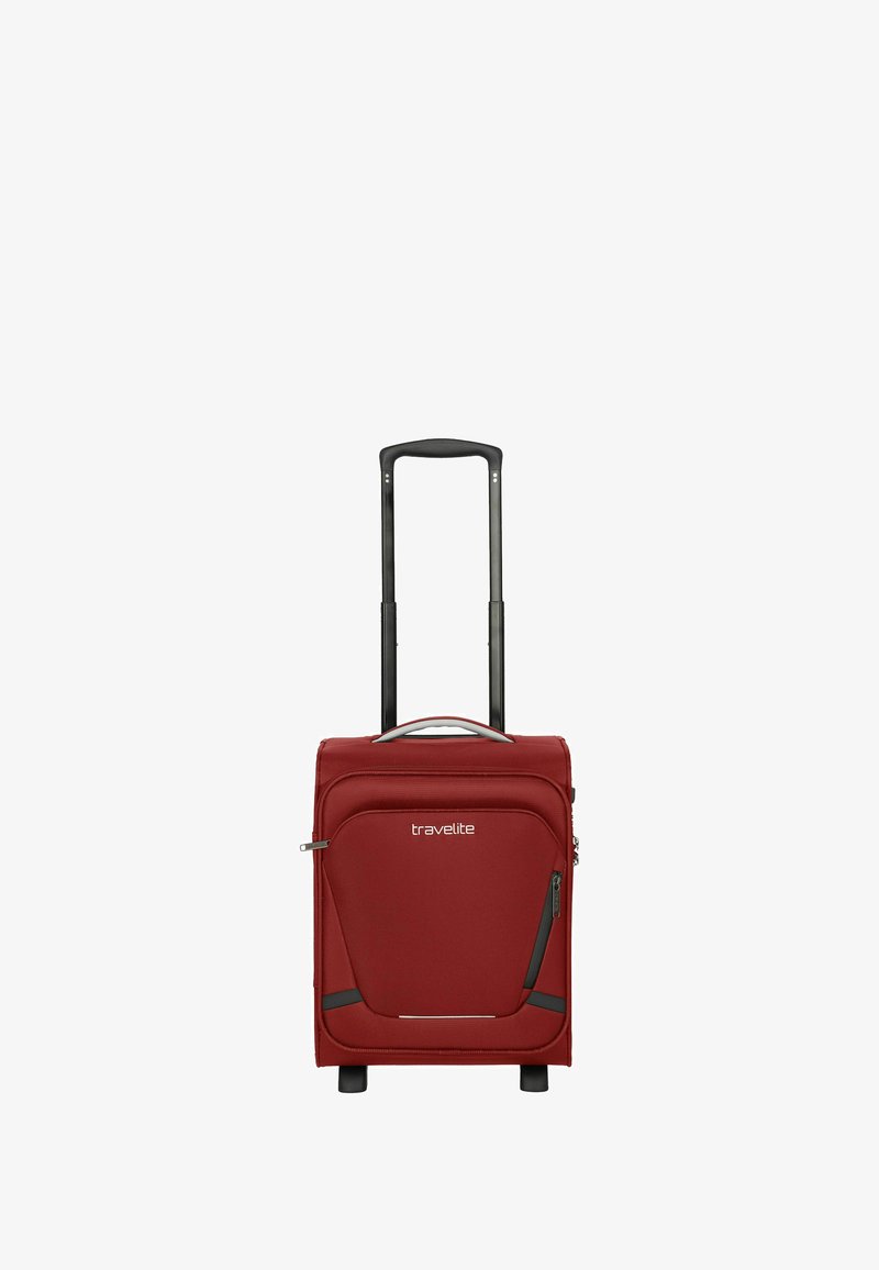 Roter Rollkoffer mit einem schwarzen Teleskopgriff, seitlicher Reißverschlusstasche und Travelite-Logo. Hergestellt aus strapazierfähigem Stoff mit strukturiertem Finish.