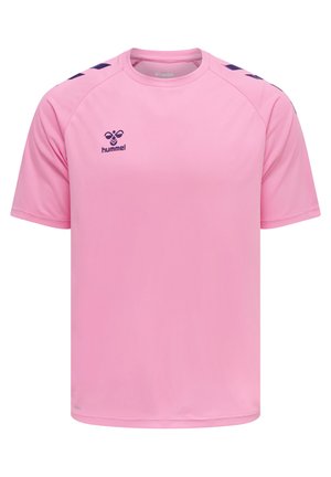 Rosa Sportshirt mit kurzen Ärmeln aus leichtem Stoff, Rundhalsausschnitt und dunkellila Logo sowie Akzenten an den Schultern.