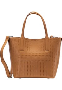 Sac fourre-tout en cuir camel avec design perforé, double poignée et bandoulière ajustable. Forme structurée avec une base plate pour plus de stabilité.