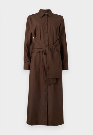 Long-sleeve brown shirt dress in cotton with a button-down front and a matching fabric belt tied at the waist, featuring a collar and side slits.