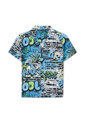 Camicia a maniche corte con stampa graffiti in blu, verde e nero su sfondo bianco, realizzata in tessuto leggero con vestibilità rilassata.