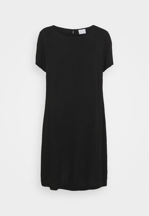 Robe noire longueur genoux avec manches courtes, encolure ronde et petite fermeture par bouton dans le dos.