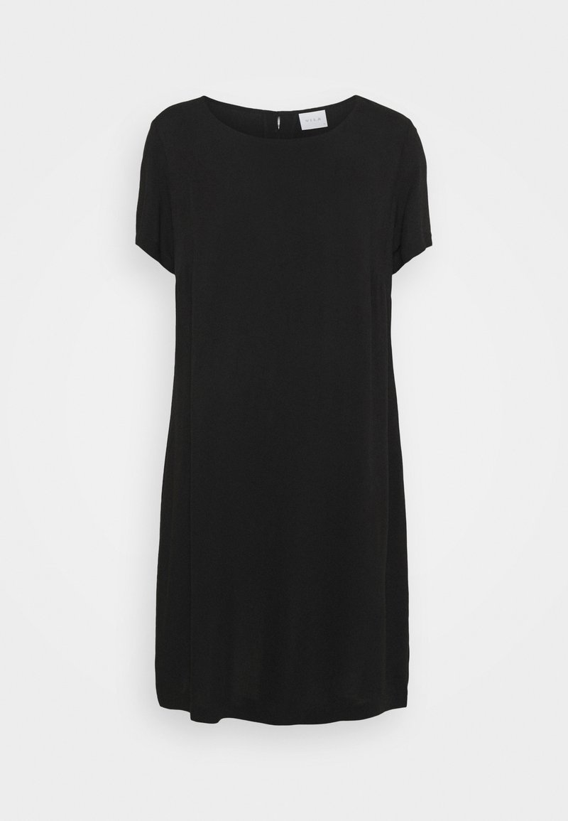 Robe noire longueur genoux avec manches courtes, encolure ronde et petite fermeture par bouton dans le dos.