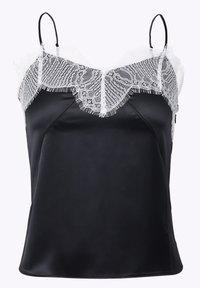 Svart satin camisole med hvit blondekant ved halsen. Justerbare spaghetti-stropper og en glatt, teksturert finish.