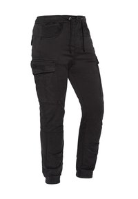 Czarne spodnie typu cargo wykonane z mieszanki bawełny, z elastycznym pasem, licznymi kieszeniami, prążkowymi akcentami i zwężanymi mankietami.
