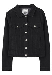 Chaqueta de mezclilla negra con cuello, cierres de botones plateados, dos bolsillos en el pecho con solapa y bolsillos laterales verticales, tamaño mediano.