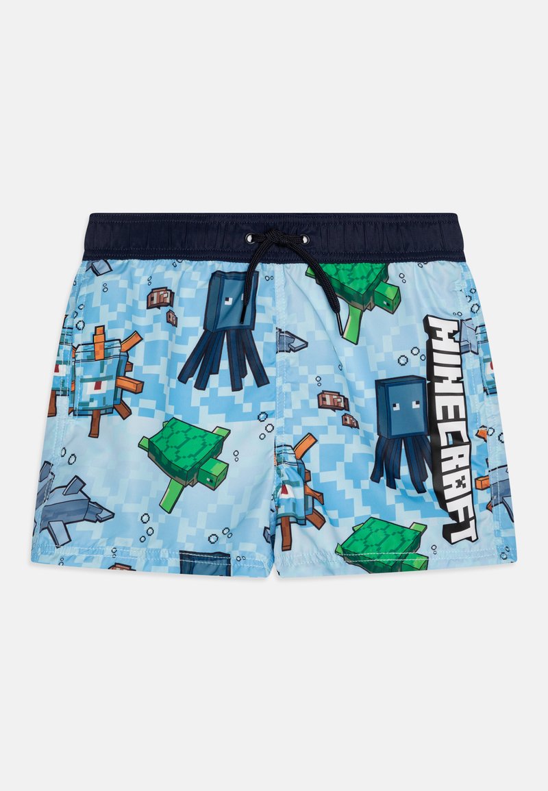 Badbyxor i lättviktig tyg, med ett blått pixelmönster och grafik inspirerad av Minecraft, svart dragsnöre och sidficka.