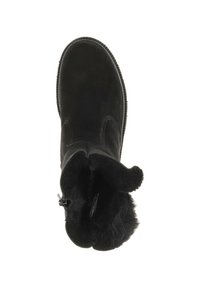 Schwarze Wildleder-Ankle Boots mit abgerundetem Zehenbereich, weicher Fleecefutterung und dekorativem Fellbesatz am oberen Rand, ausgestattet mit einem seitlichen Reißverschluss.