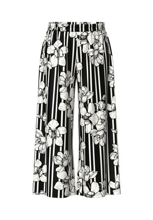 Schwarze und weiße Hose mit weitem Bein, vertikalen Streifen und großem weißem Blumenmuster, mit elastischem Bund.