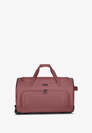 Grande borsa a viaggio in morbido tessuto rosa chiaro con due manici superiori, una tasca frontale con zip e dettagli neri sul fondo e sulle cerniere.