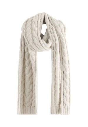 Sciarpa di colore crema lavorata a maglia con un motivo a trecce e texture. Lunghezza lunga per versatilità, bordi rifiniti e materiale morbido.