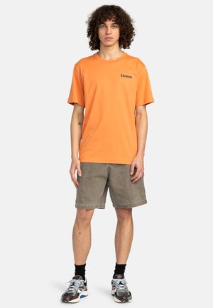 Orange t-shirt med "Element" logo, korte �ærmer. Blandet med khaki shorts, sorte sokker og multifarvede sportssko.