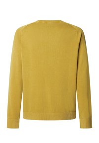 Gele trui met een ronde hals, geribbelde manchetten en een gladde textuur. Heeft een eenvoudig ontwerp en effen kleur, weergegeven van de achterkant.