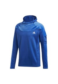 Pullover blu a maniche lunghe, realizzato in un tessuto morbido, presenta un cappuccio, una texture liscia e un design cucito con un piccolo logo bianco sul petto.