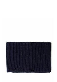 Knitted navy headband with a ribbed texture. Rectangular shape, stretchy material, and no visible hardware or accents.