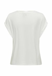 Camisa de manga corta blanca hecha de una tela suave con un ajuste relajado. Presenta un escote amplio y una textura suave. Diseño minimalista.