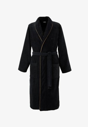 Black bathrobe made of soft fabric, featuring a shawl collar, two front pockets, a matching belt, and gold piping along the edges.
