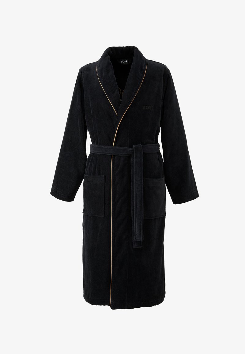 Peignoir noir en tissu doux, avec un col châle, deux poches avant, une ceinture assortie et des passepoils dorés sur les bords.