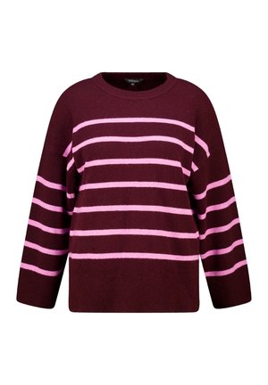 Bordeauxrode trui met horizontale roze strepen, voorzien van een ronde hals en een losse pasvorm. Gemaakt van zacht, gestructureerd stof. Lange mouwen.