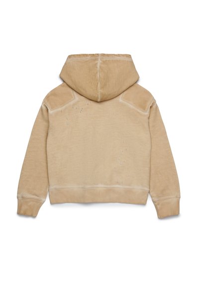 Felpa beige con cappuccio, caratterizzata da una texture morbida, un taglio leggermente accorciato, spalle rinforzate e dettagli leggermente usurati nella parte posteriore.