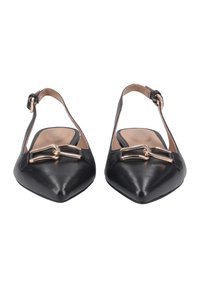 Black leather slingback flats with pointed toes, gold hardware accent across the front, and a buckled strap for secure fit.
