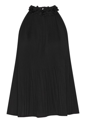 Crna plisirana haljina s volanom oko vrata. Izrađena od mekanog materijala, ima lepršavu siluetu i teksturirane vertikalne linije po cijeloj haljini.