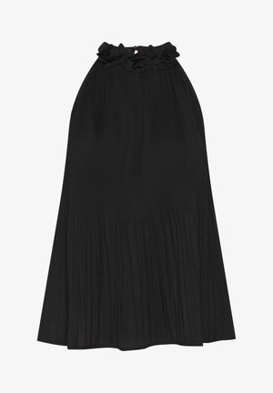 Mustalapleated-mekko, jossa on röyhelökaulus. Valmistettu pehmeästä kankaasta, jossa on virtaava siluetti ja tekstuuriset pystysuorat viivat kauttaaltaan.