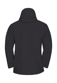 Schwarze wasserdichte Jacke, elegantes Design, lange Ärmel, hoher Kragen mit Kapuze und minimalistischer Stil. Keine sichtbaren Taschen oder bemerkenswerten Akzente.