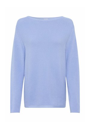 Lichtblauwe gebreide trui met lange mouwen, brede halslijn en geribbelde textuur. Heeft een losse pasvorm en een eenvoudig ontwerp.
