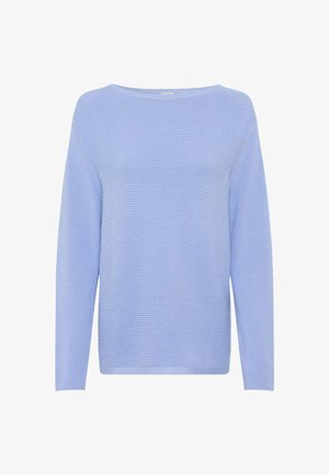 Light blue knitted sweater with long sleeves, wide neckline, and ribbed texture. Features a relaxed fit and simple design.