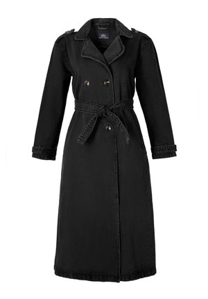 Black denim trench coat featuring a double-breasted design, belted waist, notched collar, and button accents on shoulders. Long sleeves.
