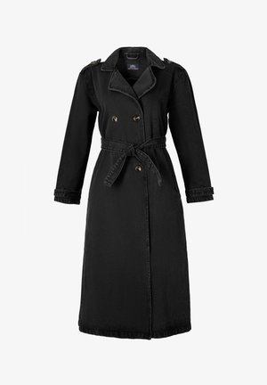 Czarny denimowy płaszcz o podwójnym zapięciu, z paskiem w talii, wyciętym kołnierzem i guzikami na ramionach. Długie rękawy.