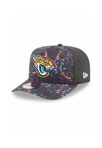 Schwarze Kappe mit buntem Spritzmuster; verfügt über ein gelbes und t�ürkisfarbenes Jaguars-Logo auf der Vorderseite; flatter Schirm und atmungsaktive Netzseiten.