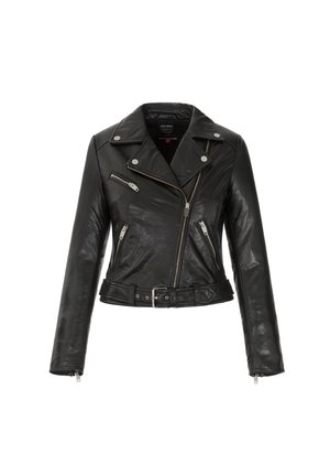 Chaqueta de cuero negro estilo biker con cremallera asimétrica, tres bolsillos con cremallera, cuello con botones metálicos y cintura con cinturón.
