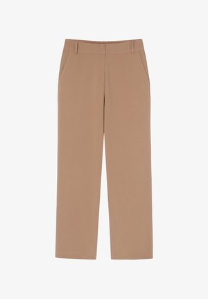 Bež laiused püksid, millel on neli taskut, vööde õhurid ja sujuv, kerge kangas. Kujunduses on peidetud eesmine tõmblukk.