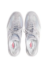 Gray suede and mesh sneakers with flat lace closure, padded collar, and cushioning insoles; features streamlined shape and minimalistic design.