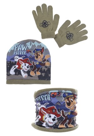 Paw Patrol Mütze, Handschuhe und Halstuch-Set. Hergestellt aus weichem Stoff; mit Cartoonfiguren auf grauem und grünem Hintergrund.