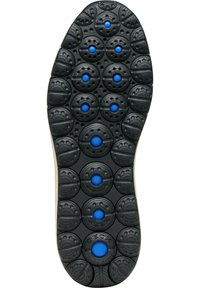 Suola di scarpa in gomma nera con accenti circolari blu, superficie testurizzata con motivi decorativi e marchio "GEOX" vicino al tallone.